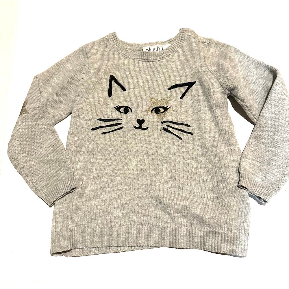 Blush Gray Cat Face Star Sweater Girls Medium Size 8